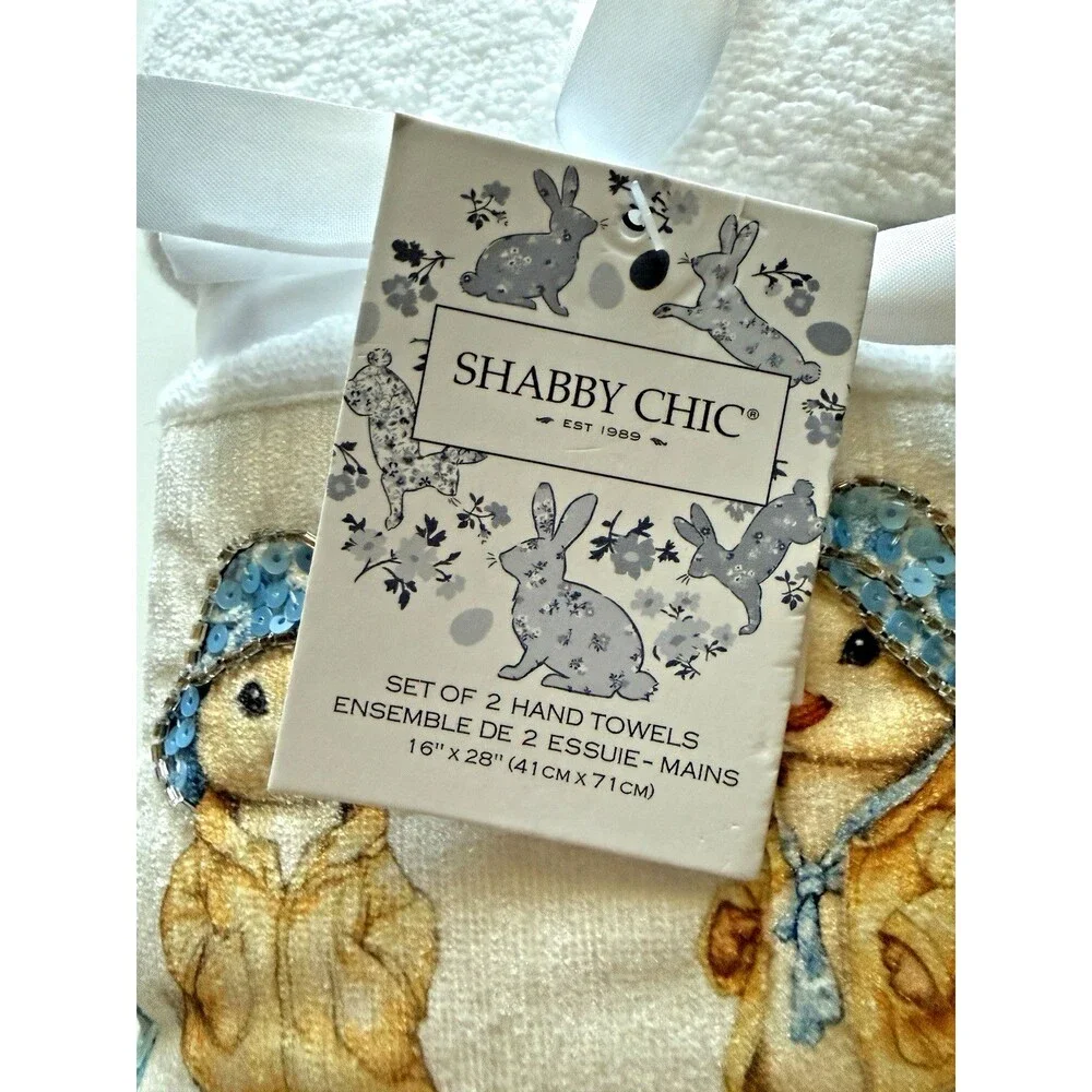 Shabby Chic Hand Towels Easter Beaded Sequin Embroidered White Ducks Set of 2